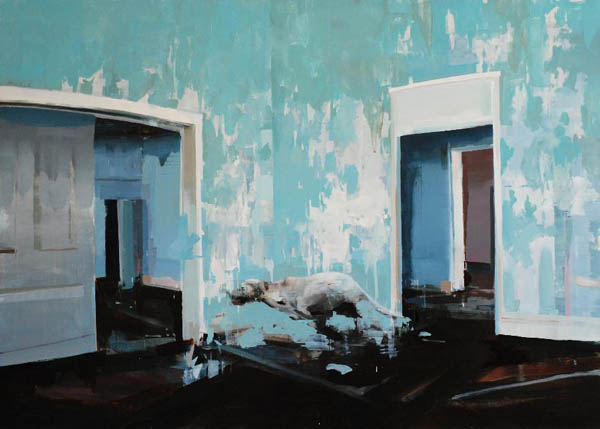 Blue Room with Running Dog - oil on wood by Alex Kanevsky 